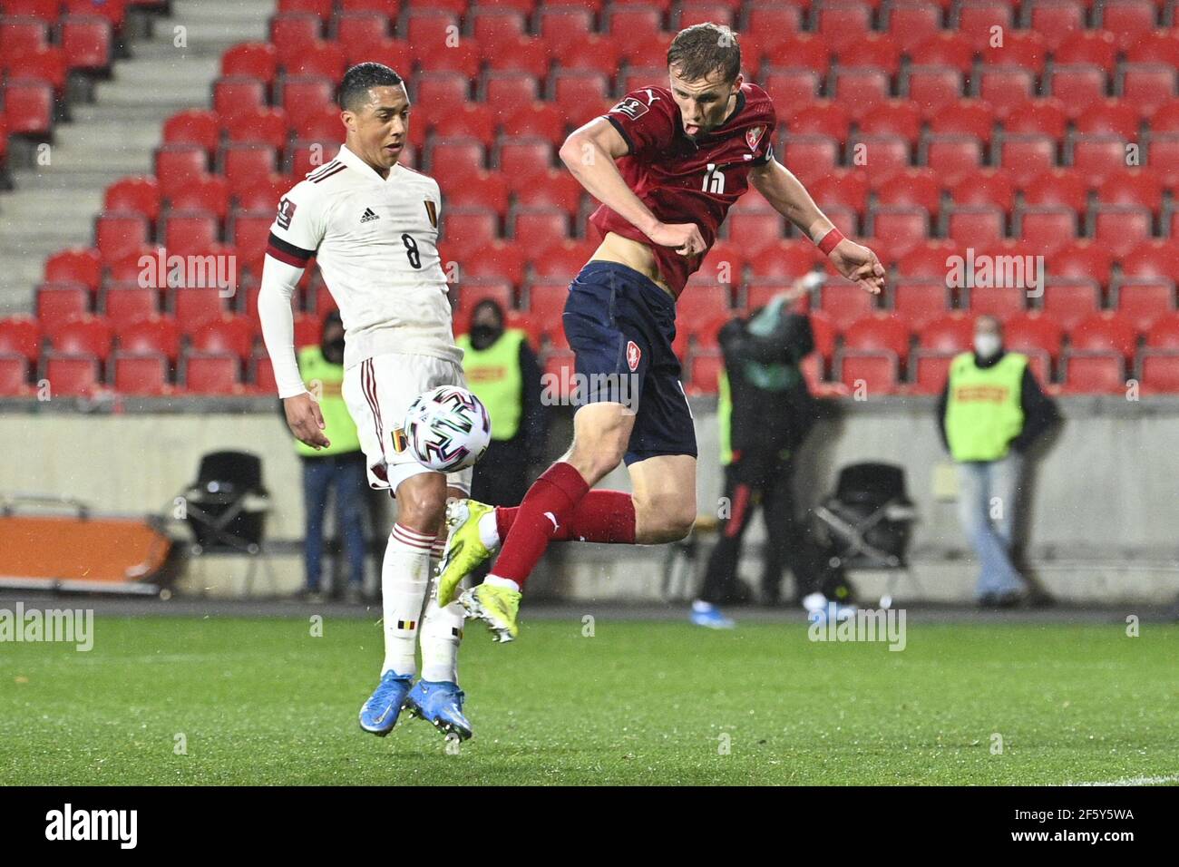 Prague, Czech Republic. 27th Mar, 2021. L-R Youri Tielemans (Belegium) and Tomas Soucek (Czech) in action during the World Cup qualifier group E: Czechia vs Belgium in Prague, Czech Republic, on Saturday, March 27, 2021. Credit: Michal Kamaryt/CTK Photo/Alamy Live News Stock Photo