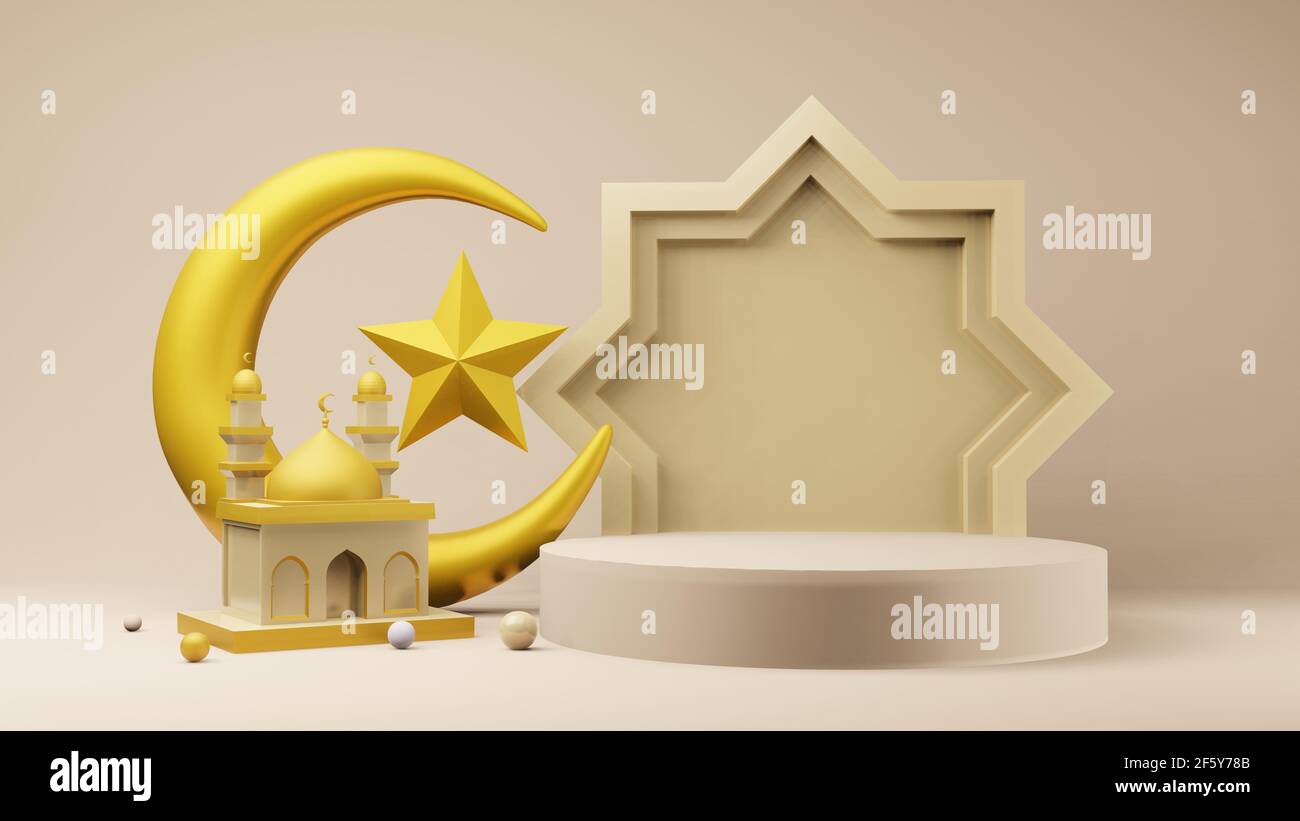 Crescent moon and stars golden with Mosque Islamic symbol 3D rendering ...