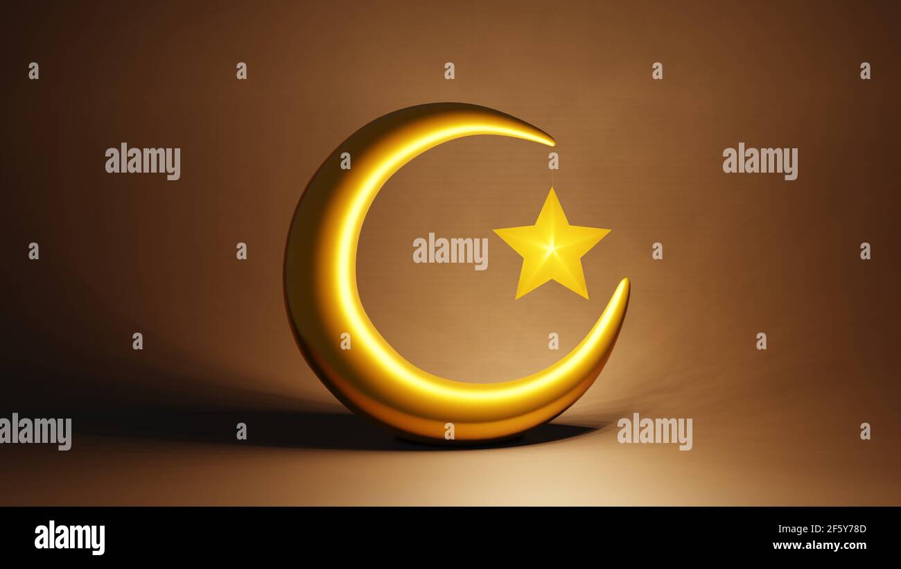 Crescent moon and stars golden Islamic symbol 3D rendering Stock Photo ...