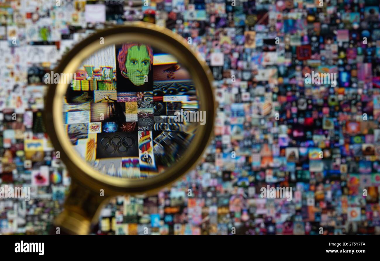 Magnifying glass in front of ipad screen with Beeple digital art