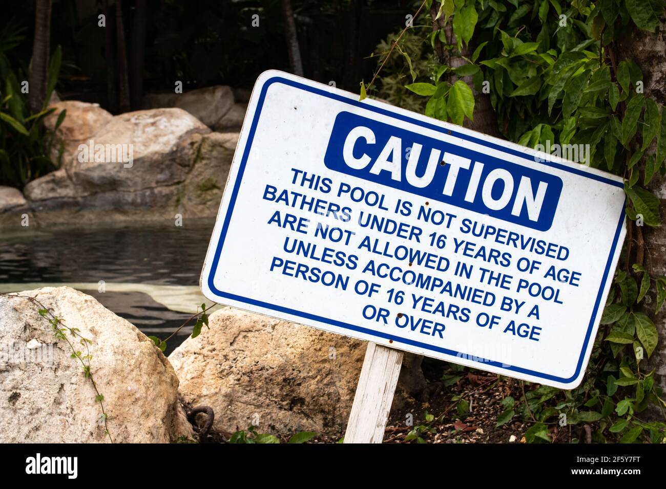 Caution sign that warns hotel patrons that the pool is not supervised, bathers 16 or younger shouldn't enter the pool without an adult's supervision. Stock Photo