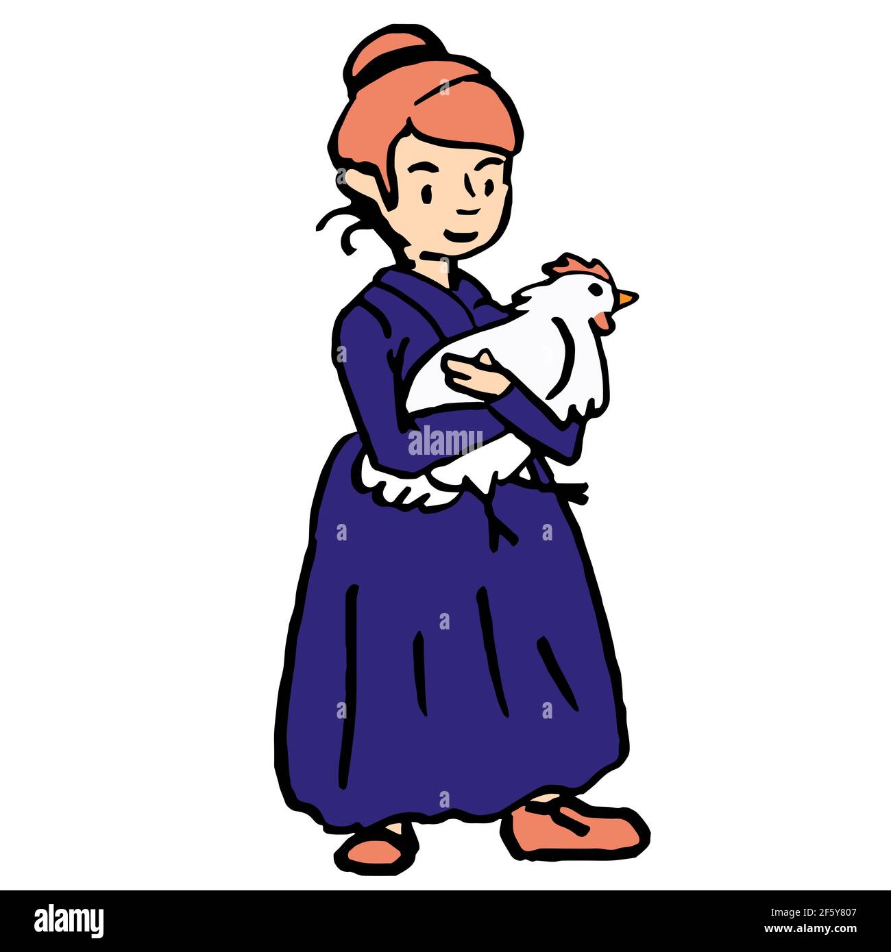 Old farmer lady in violet vintage apparel dress on white isolated backdrop. Happy housewife smiles and holds chicken. Black line element design art fo Stock Vector
