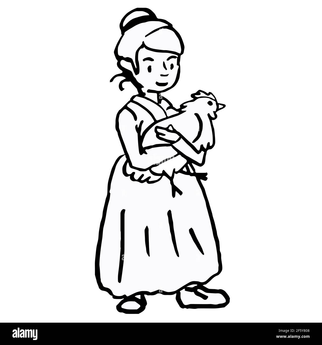 Black line farmer lady in vintage dress. Retro apparel woman smiles and holds chicken. Lovely housewife symbol logo. Outline element design art for co Stock Vector