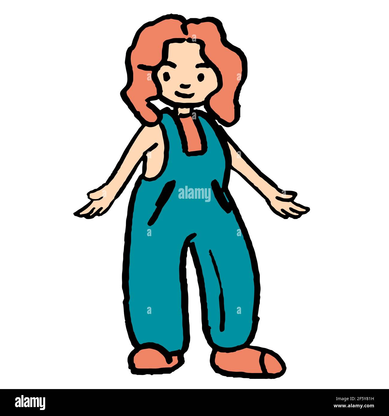Farmer girl in turquois bib overall. Young redhead woman wants to hug. Happy female worker icon for farm logo, agrarian label, feminine symbol. White Stock Vector