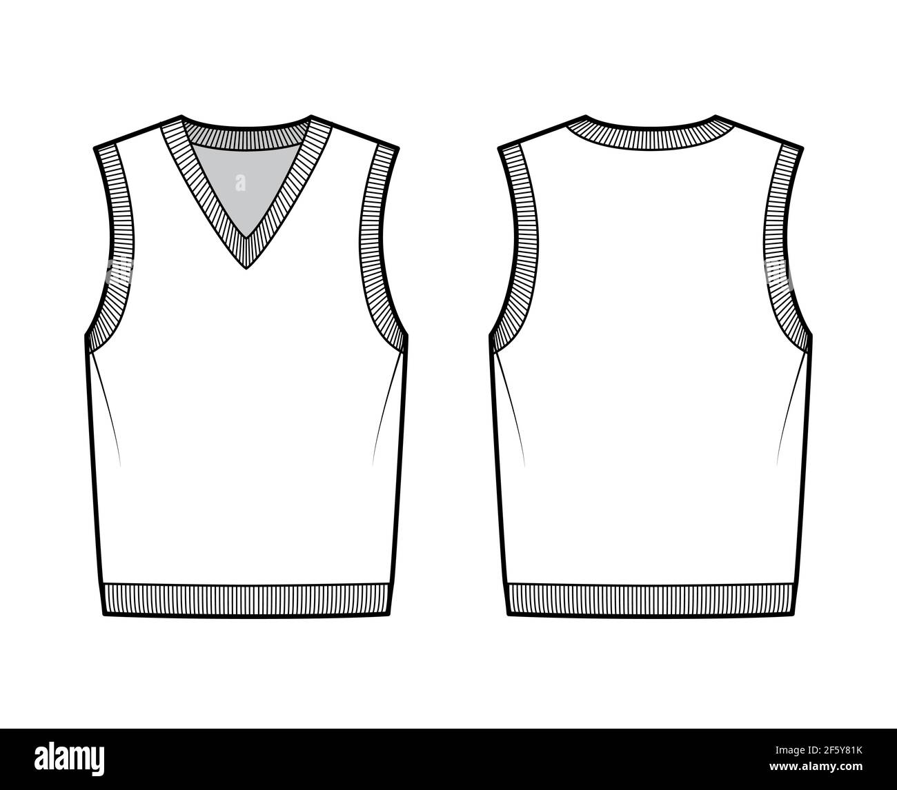Pullover vest sweater waistcoat technical fashion illustration with sleeveless, rib knit V-neckline, oversized body. Flat template front, back, white color style. Women, men, unisex top CAD mockup Stock Vector