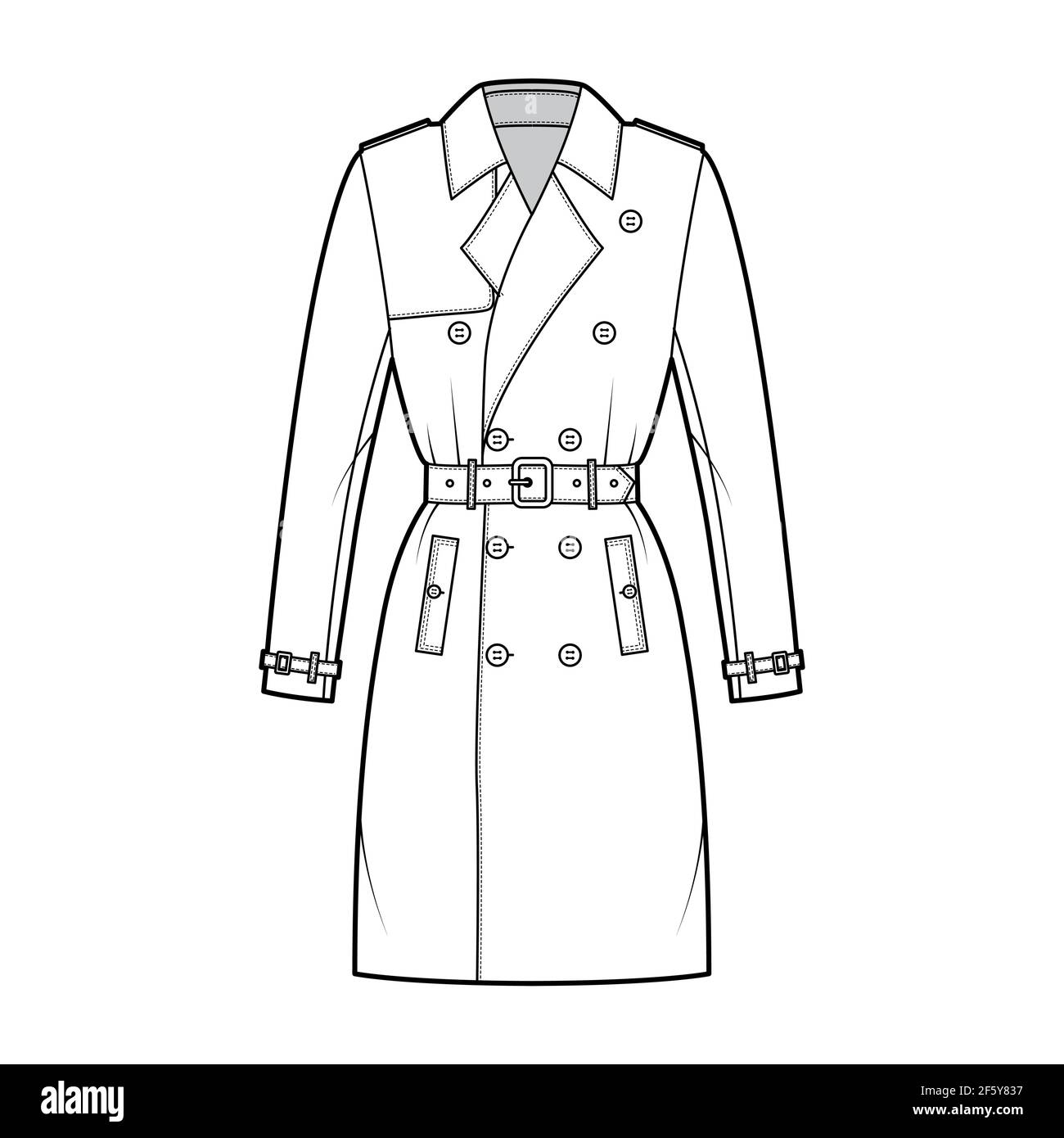 Trench coat technical fashion illustration with belt, double breasted, fitted, long sleeves, napoleon wide lapel collar, knee length, storm flap. Flat jacket template front, white color. Women top CAD Stock Vector
