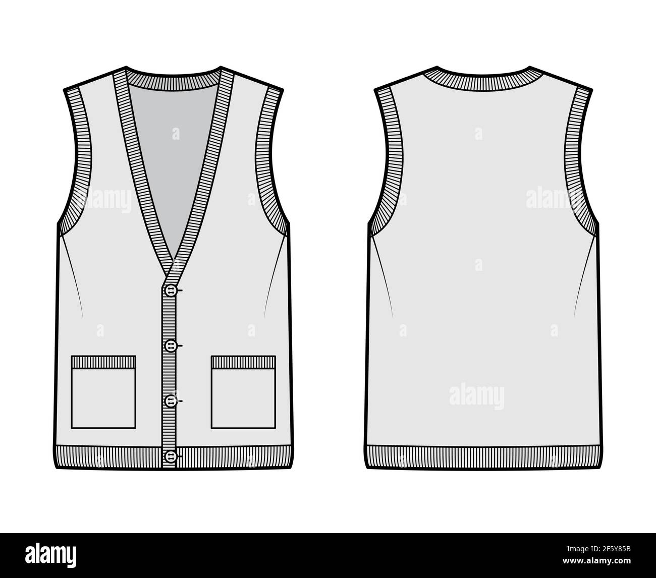 Cardigan vest sweater waistcoat technical fashion illustration with sleeveless, rib knit V-neckline, button closure, pockets. Flat template front, back, grey color. Women, men, unisex top CAD mockup Stock Vector
