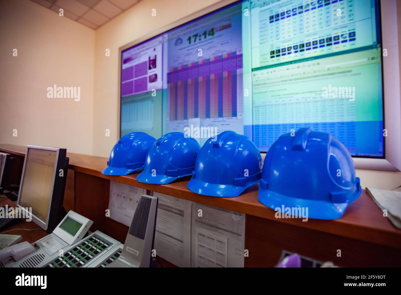 Rudny, Kostanay region, Kazakhstan-May 28 2012: Work helmets in control room of power station. Sokolovo-Sarbay Mining and processing plant. Stock Photo