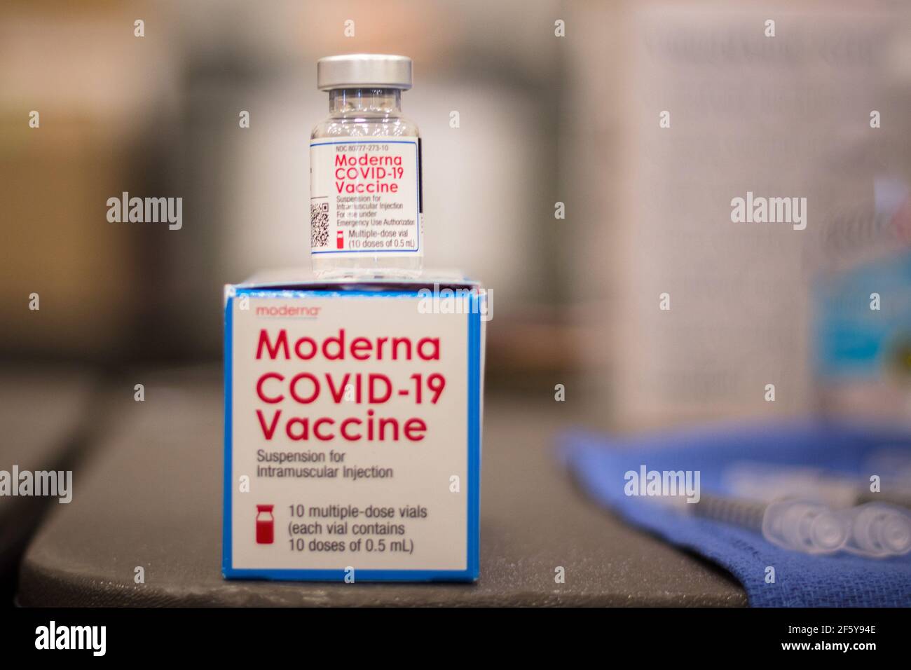 Lake Jackson, Texas, USA. 28th Mar, 2021. Vials of the Moderna COVID19