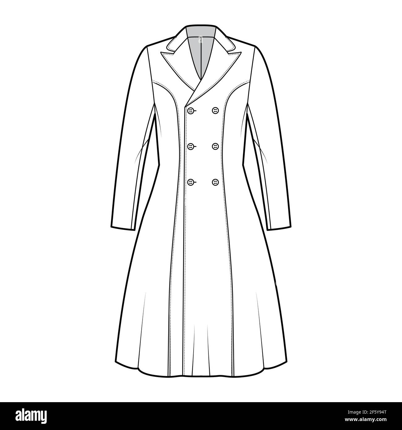 Princess line coat technical fashion illustration with double breasted, fitted body, peak lapel collar, knee length. Flat jacket template front, white color style. Women, men, unisex top CAD mockup Stock Vector