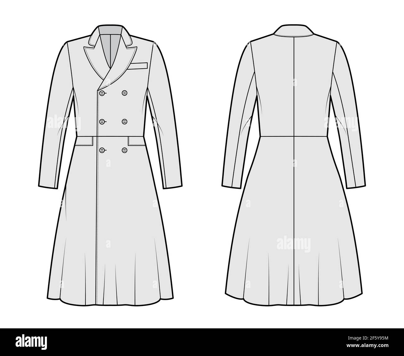 Frock coat technical fashion illustration with double breasted, fitted body, round collar peak, knee length, A-line skirt. Flat jacket template front, back, grey color style. Women, men top CAD mockup Stock Vector