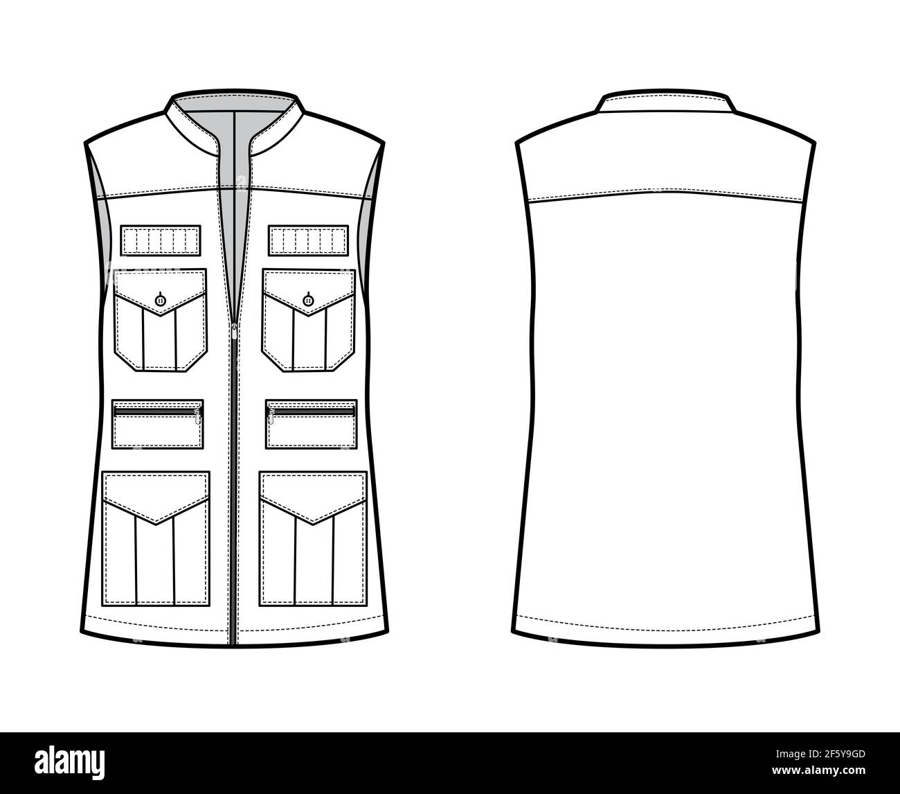 Safari vest waistcoat technical fashion illustration with sleeveless, stand collar, zip-up closure, pockets, oversized body. Flat template front, back, white color style. Women, men, unisex CAD mockup Stock Vector