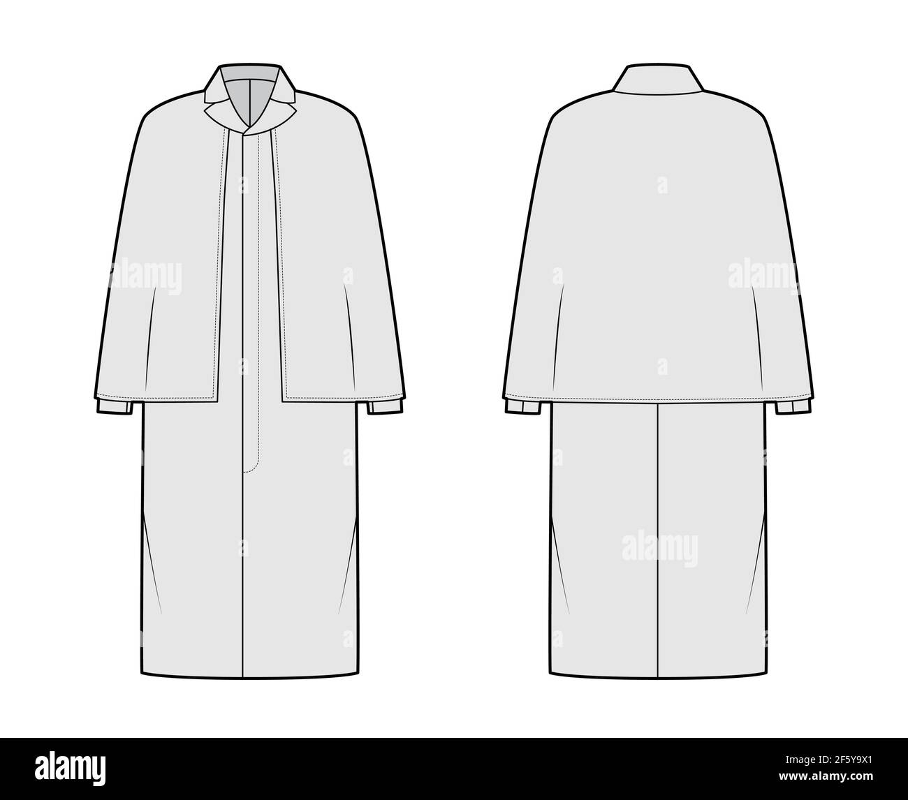 Ulster coat technical fashion illustration with cape long sleeves
