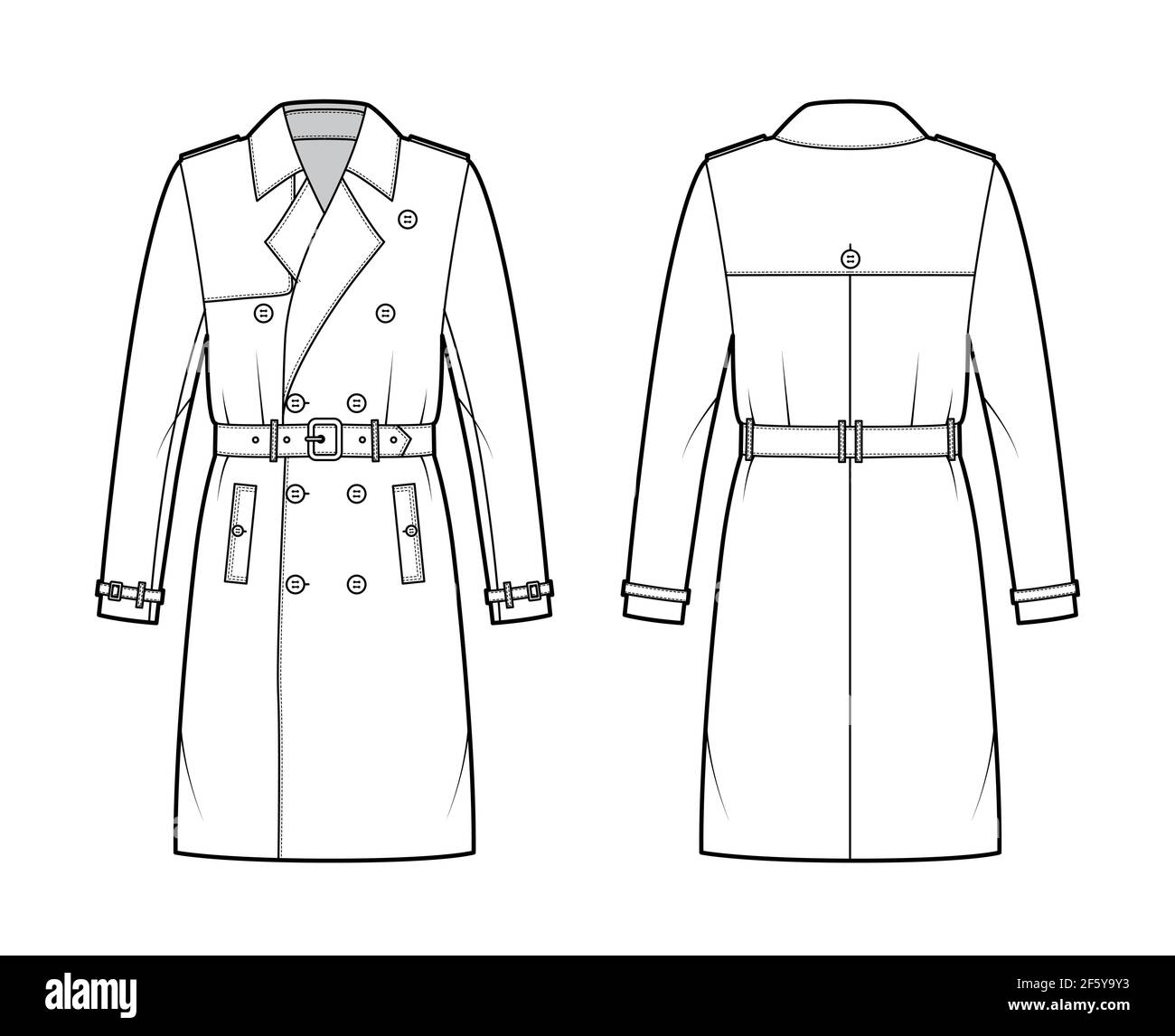 Trench coat technical fashion illustration with belt, double breasted, long sleeves, knee length, storm flap. Flat jacket template front, back, white style. Women, men, unisex top CAD mockup Stock Vector