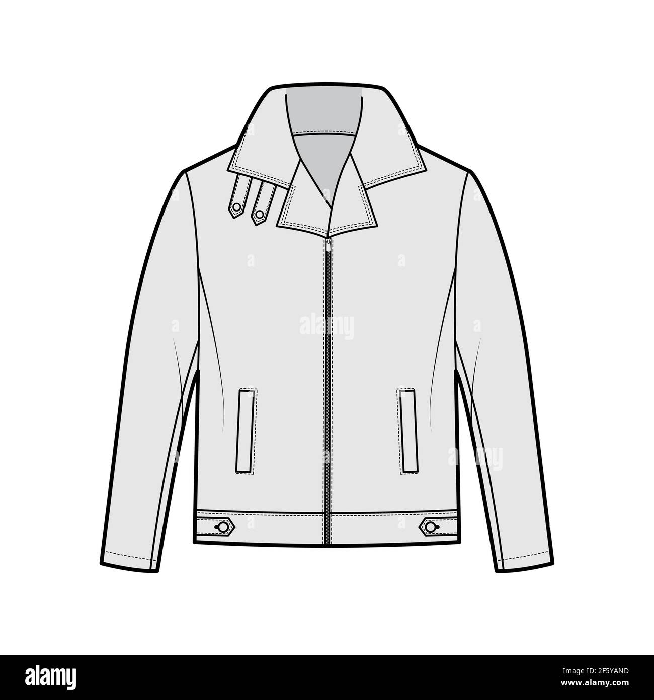 Zip-up Bomber leather jacket technical fashion illustration with tabs, oversized, thick collar, long sleeves, welt pockets. Flat coat template front, grey color style. Women men unisex top CAD mockup Stock Vector