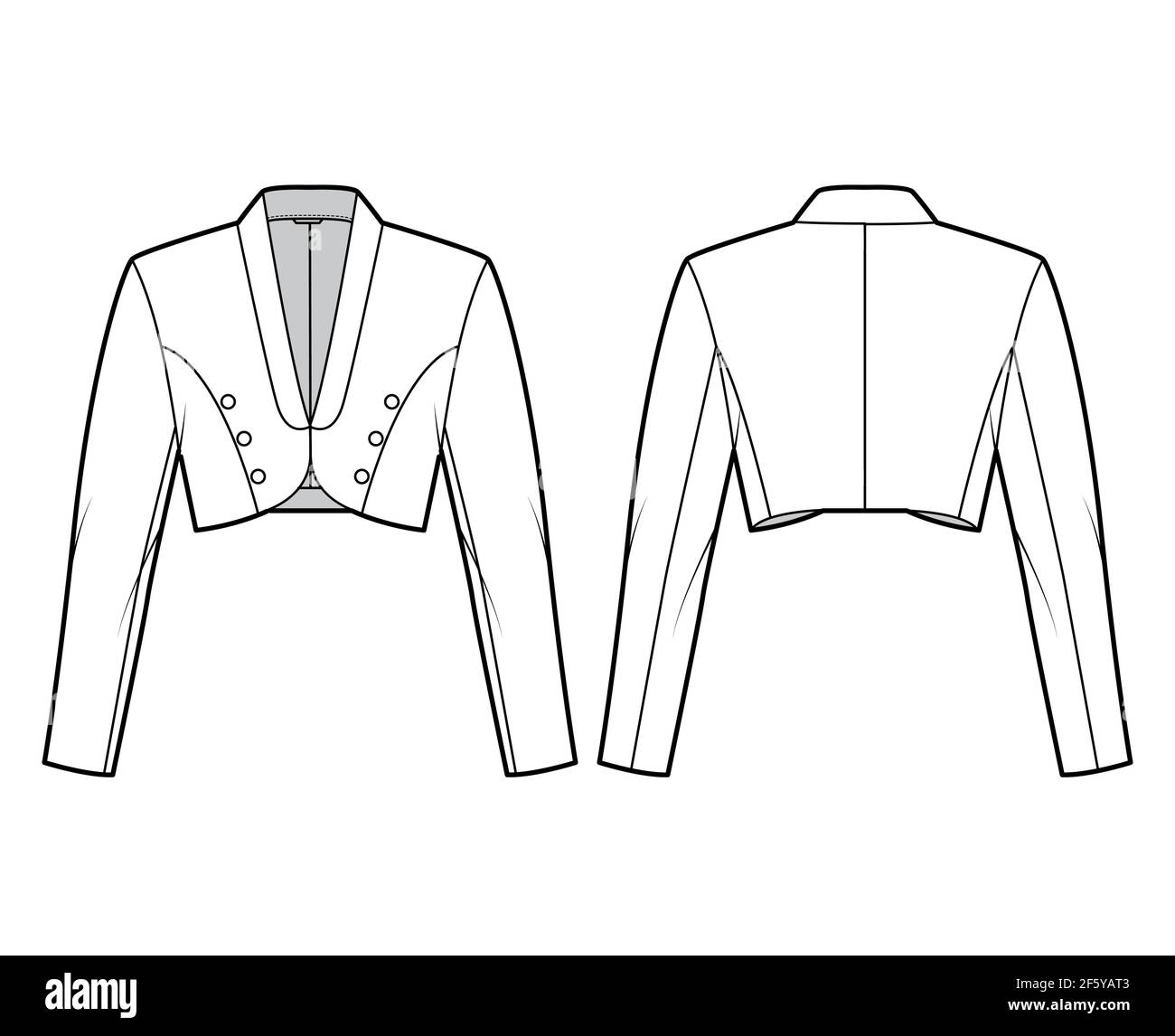 Bolero jacket technical fashion illustration with crop waist length, long  sleeves, shawl collar, button closure. Flat blazer template front, back,  white color style. Women, men, unisex top CAD mockup Stock Vector Image