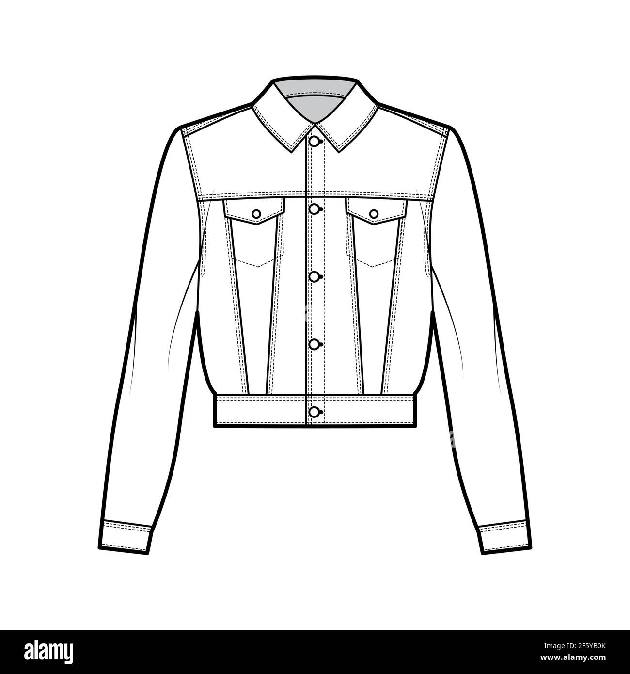 Cropped denim jacket technical fashion illustration with full waist length, fitted body, flap pockets, button closure, collar, long sleeves. Flat apparel front, white color style. Women men CAD mockup Stock Vector