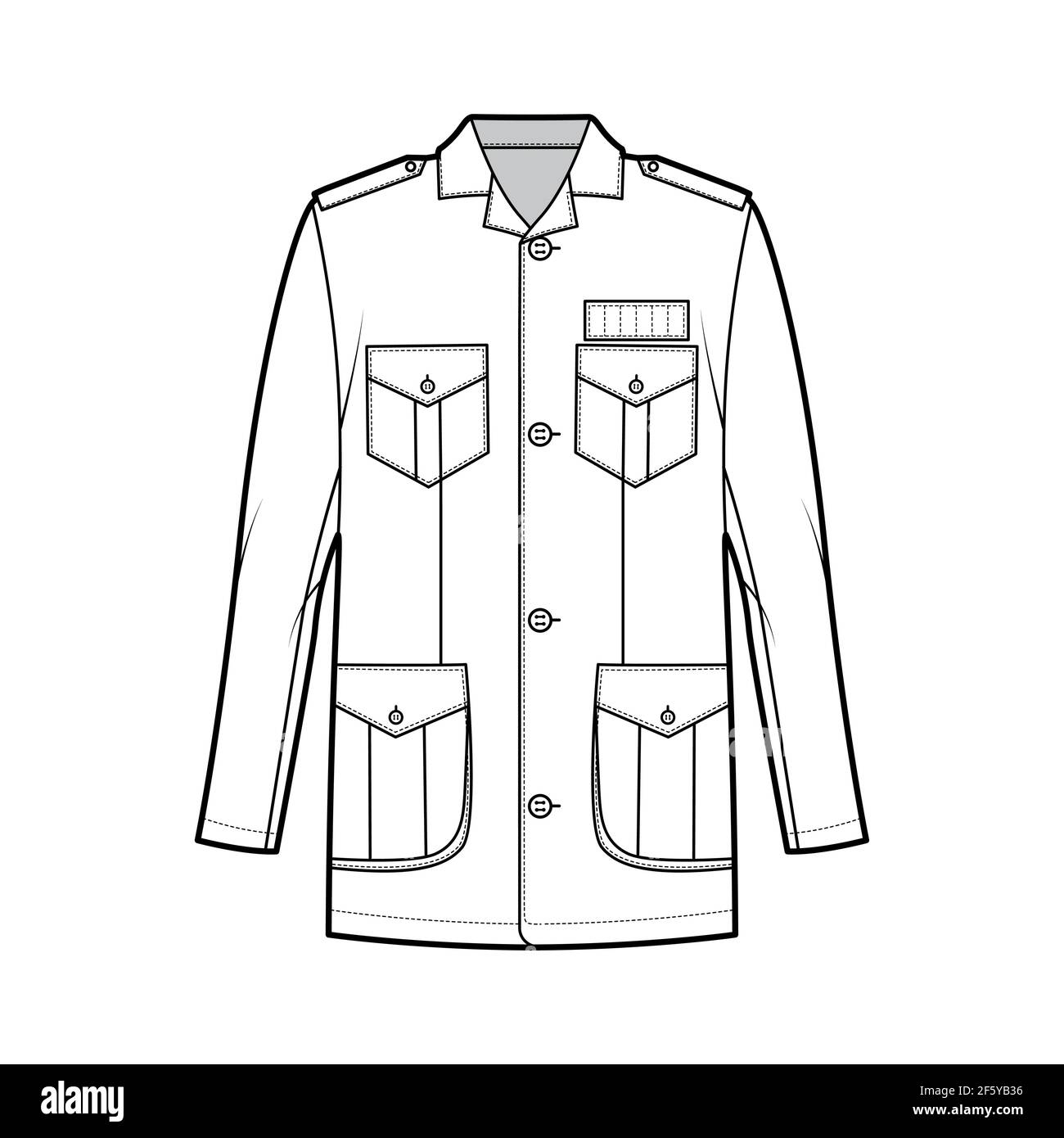 Safari jacket technical fashion illustration with oversized, open collar, long sleeve, flap pockets, button fastening, epaulettes. Flat coat template front, white color style. Women men top CAD mockup Stock Vector