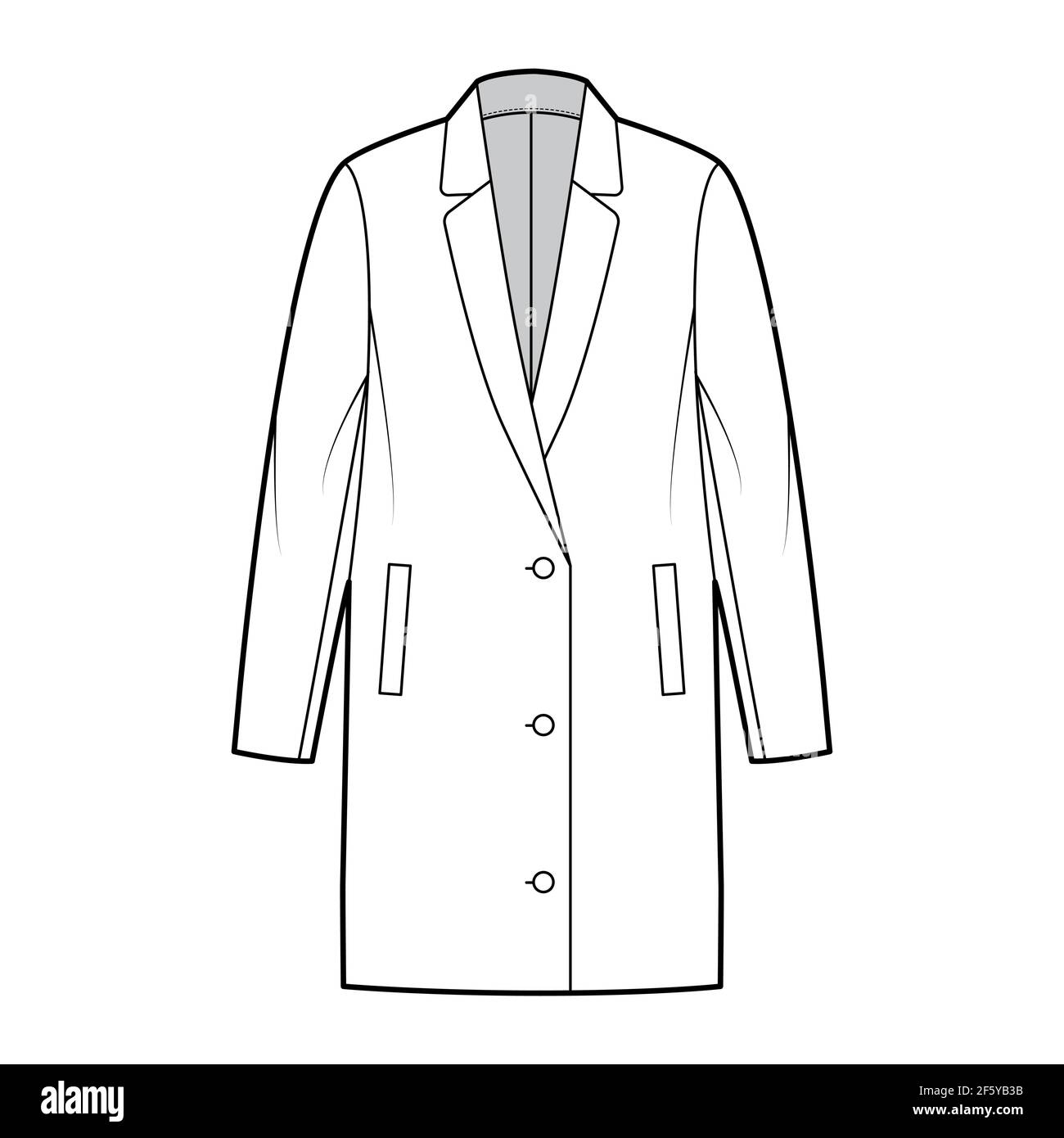 Oversized jacket technical fashion illustration with notched elongated lapel collar, long sleeves, welt pockets, button opening. Flat coat template front, white color style. Women, men top CAD mockup Stock Vector