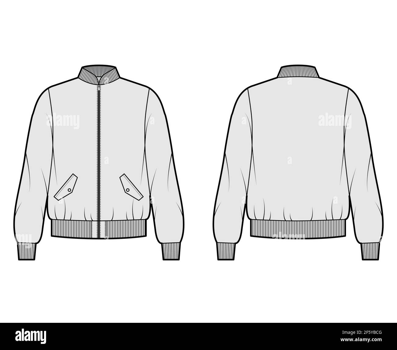 Zip-up Bomber ma-1 flight jacket technical fashion illustration with Rib collar, cuffs, oversize, long sleeve, flap pockets. Flat coat template front, back, grey color. Women men unisex top CAD mockup Stock Vector