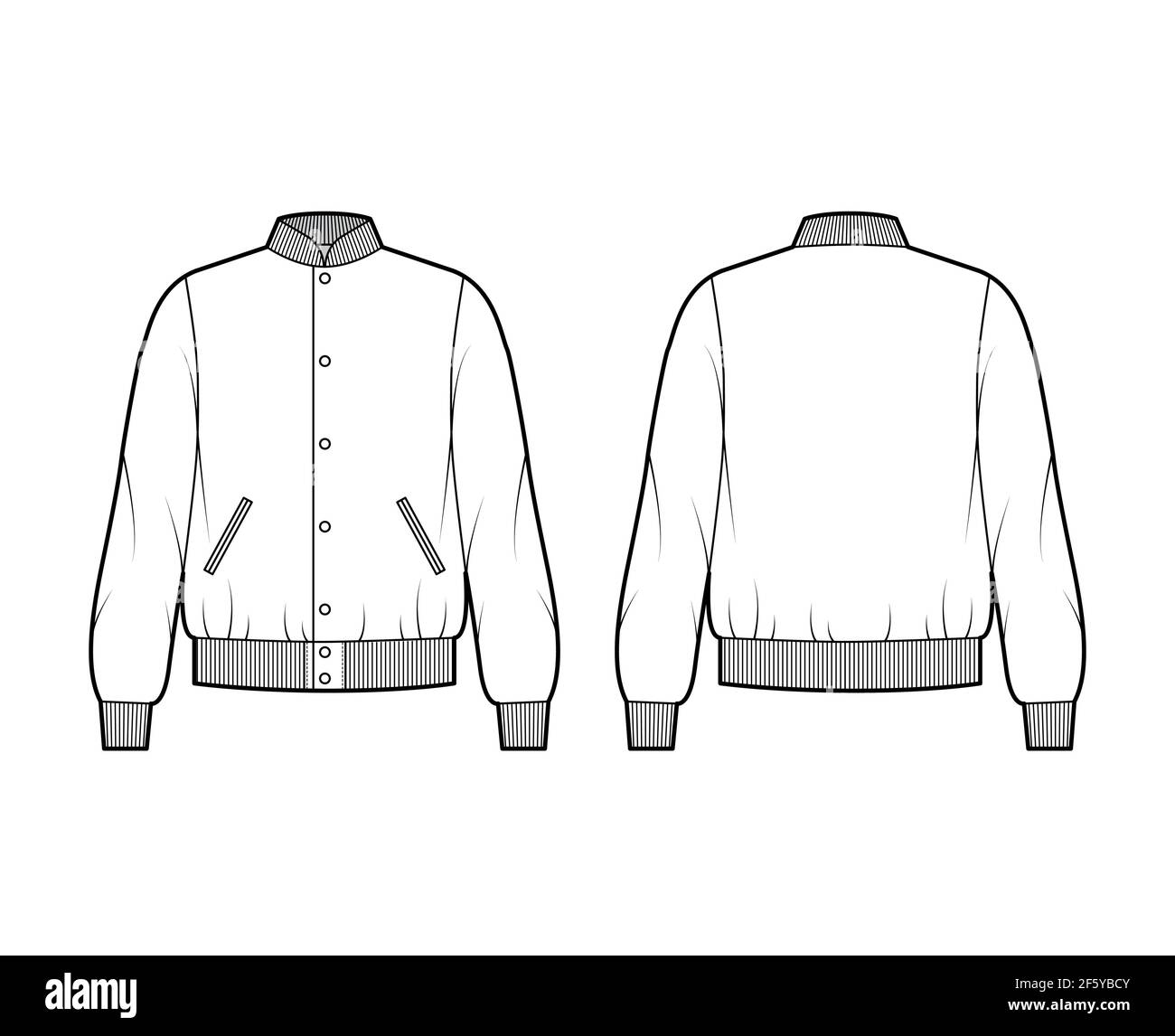 Varsity Bomber jacket technical fashion illustration with Rib baseball collar, cuffs, waistband, buttons fastening, oversized, long sleeves. Flat coat template front, back white color. Women men CAD Stock Vector