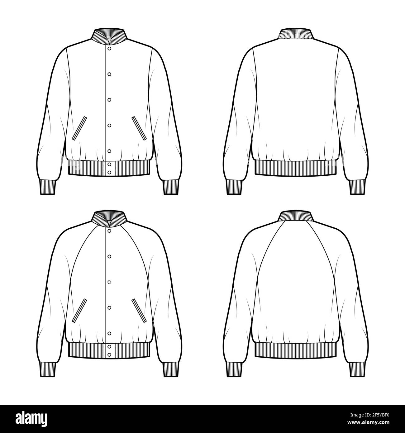 Set of Bomber jackets technical fashion illustration with Rib baseball collar, cuffs, oversized, long raglan sleeves, flap pockets. Flat coat template front, back white color. Women men unisex top CAD Stock Vector