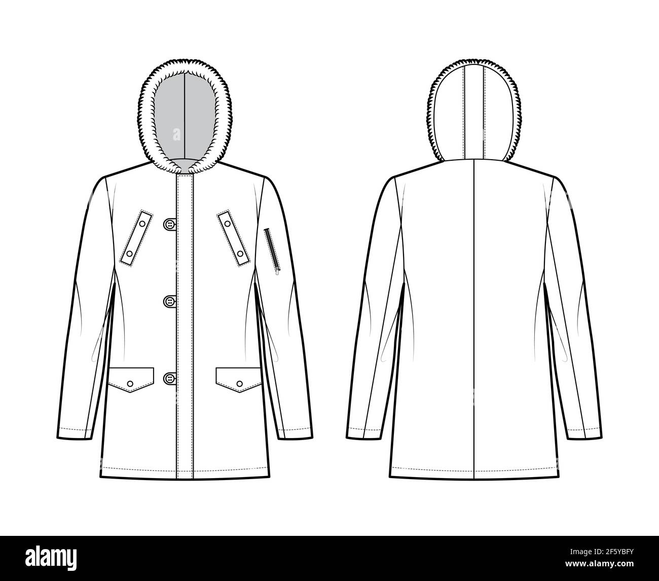 N-3B flight parka technical fashion illustration with oversized, fur hood, long sleeves, flap pockets, button loop opening. Flat coat template front, back white color style. Women men top CAD mockup Stock Vector