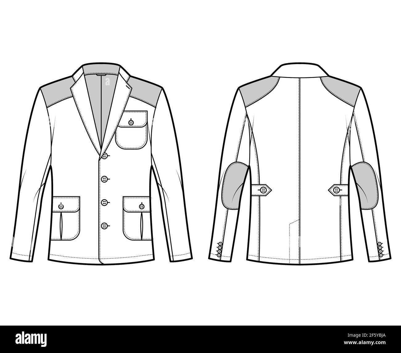 Hunting Shooting jacket technical fashion illustration with notched collar, flap pockets, Trim, Shoulder Elbow Patch. Flat coat template front, back, white, grey color. Women, unisex Blazer CAD mockup Stock Vector