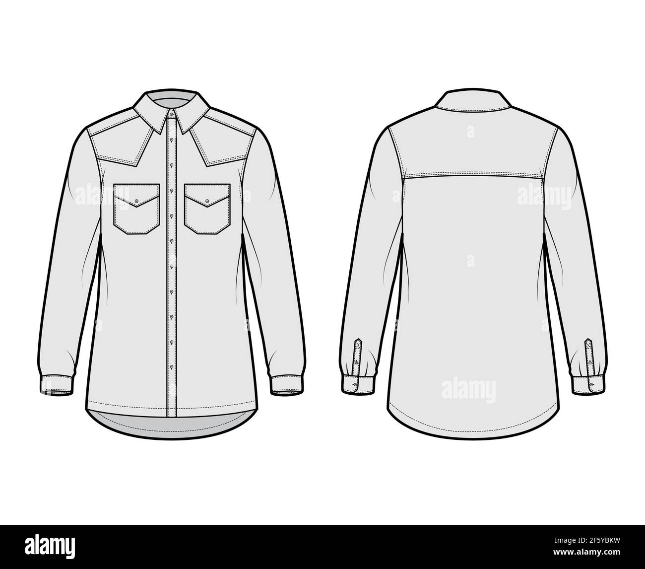 Denim shirt jacket technical fashion illustration with oversized body, pockets, button closure, classic collar, long sleeves. Flat apparel front, back, grey color style. Women, men unisex CAD mockup Stock Vector