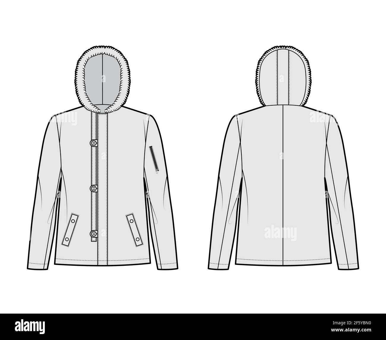 N-2B flight jacket technical fashion illustration with oversized, fur hood, long sleeves, pockets, button loop opening. Flat coat template front, back grey color style. Women men unisex top CAD mockup Stock Vector