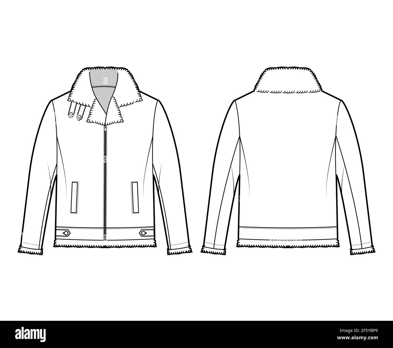 Zip-up Bomber leather jacket technical fashion illustration with fur shearing, oversized, collar, long sleeves, pockets. Flat coat template front, back white color style. Women men unisex CAD mockup Stock Vector