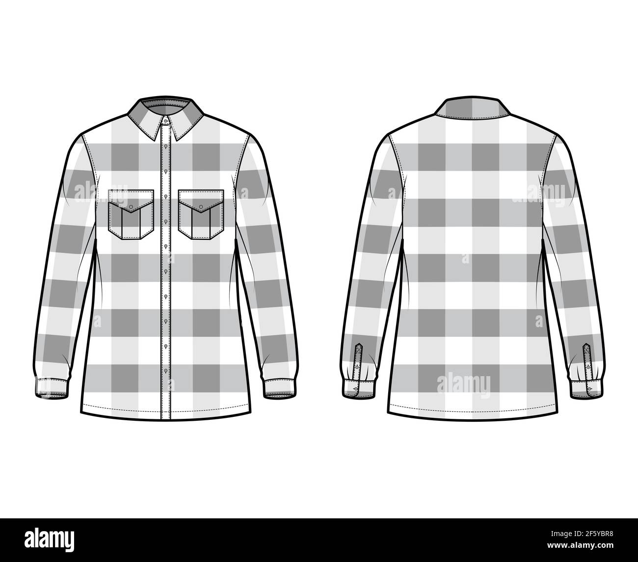 Lumber jacket technical fashion illustration with Buffalo Check motif, oversized body, flap pockets, button closure, long sleeves. Flat apparel front, back, white color style. Women, men CAD mockup Stock Vector