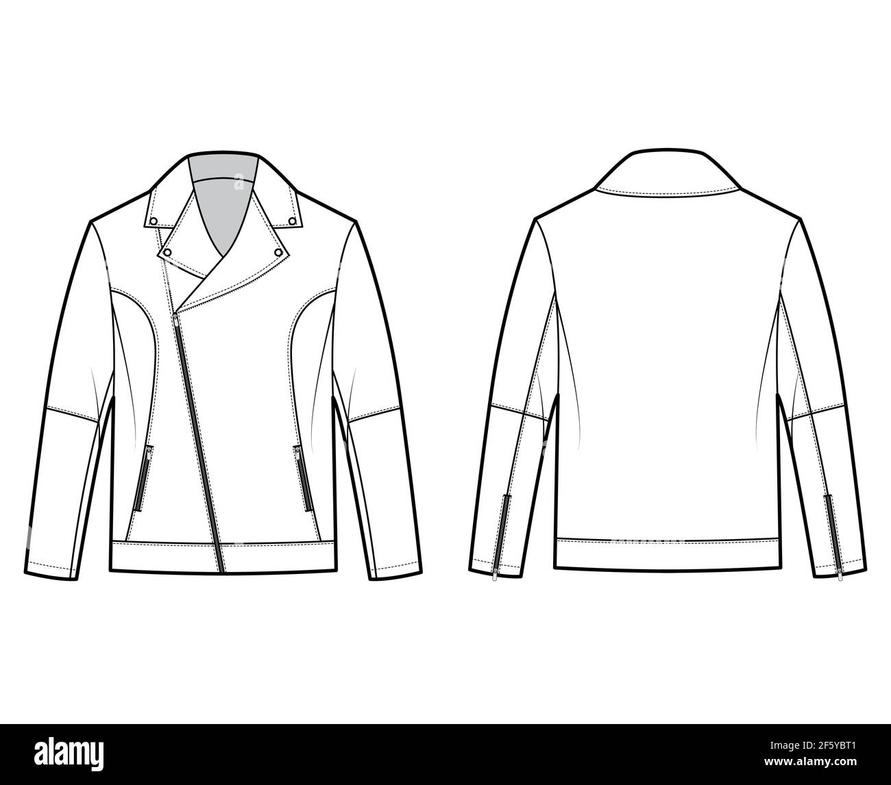 Zip-up biker jacket technical fashion illustration with oversized, zip front fold-over lapels collar, long sleeves, moto details. Flat coat template back white color style. Women unisex top CAD mockup Stock Vector