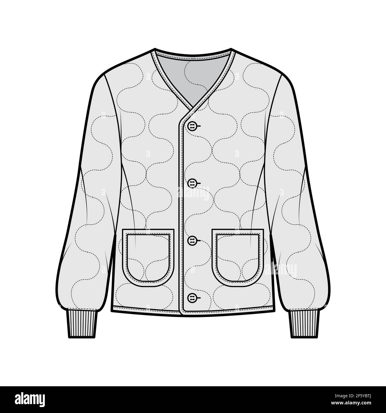 ALS 92 field jacket liner technical fashion illustration with oversized, long sleeves, oval patch pockets, Onion quilted shell. Flat coat template front, grey color style. Women men unisex CAD mockup Stock Vector
