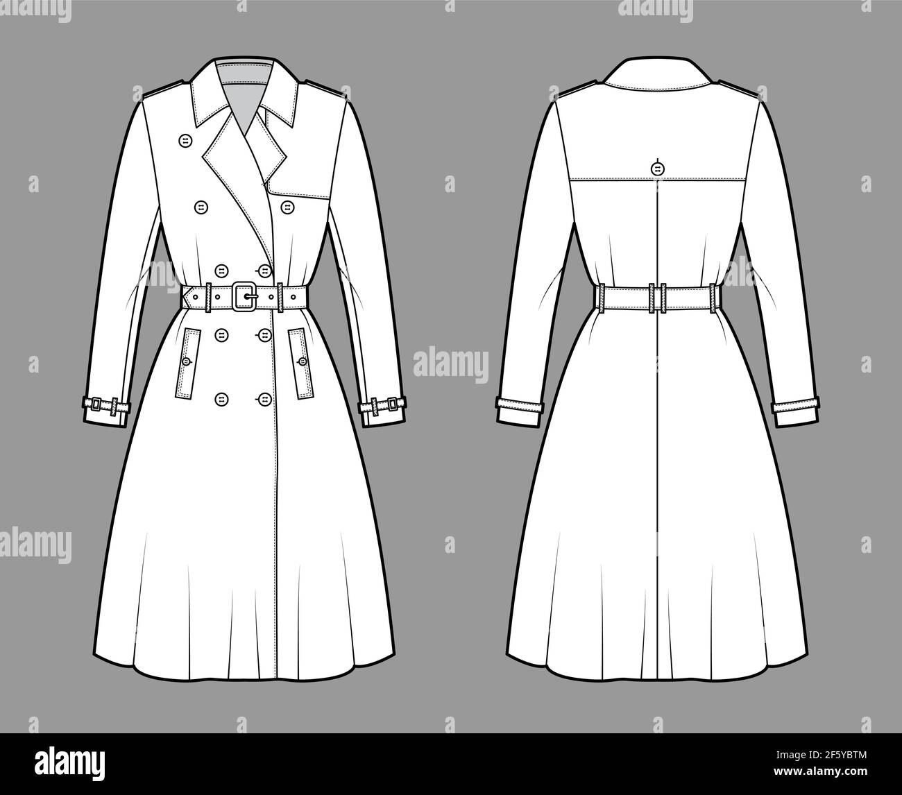 Full Trench coat technical fashion illustration with belt, napoleon wide lapel collar, knee length, storm flap. Flat jacket template front, back, white color style. Women, men, unisex top CAD mockup Stock Vector