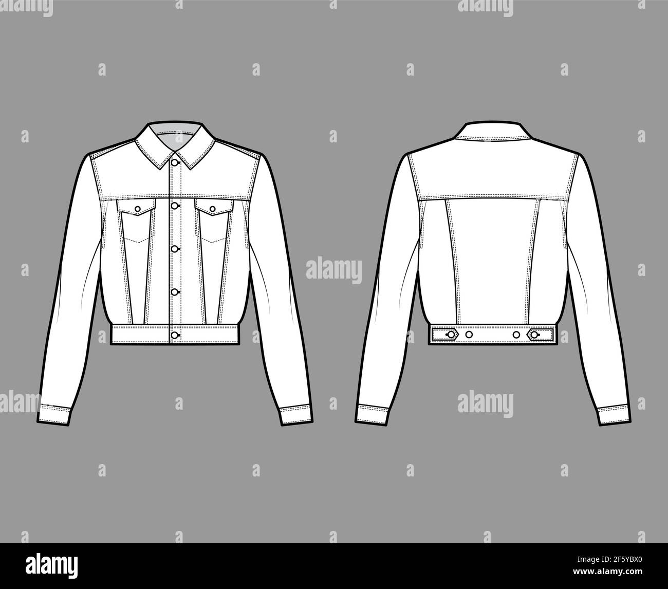 Cropped denim jacket technical fashion illustration with full waist ...