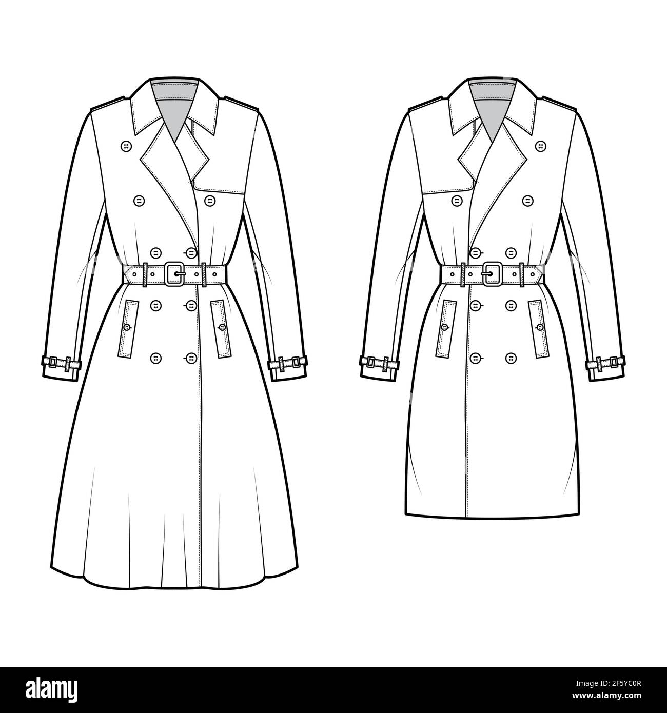 Set of Trench coats technical fashion illustration with belt, double breasted, long sleeves, napoleon wide lapel collar, storm flap. Flat jacket template front, white color. Women, men top CAD mockup Stock Vector