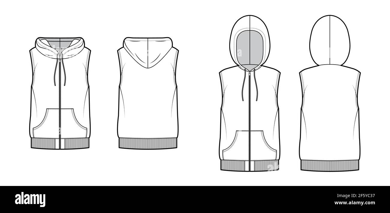 Set of Hooded vests waistcoat technical fashion illustration with sleeveless, kangaroo pouch, zip-up closure, oversized body. Flat template front, back, white color. Women, men, unisex top CAD mockup Stock Vector