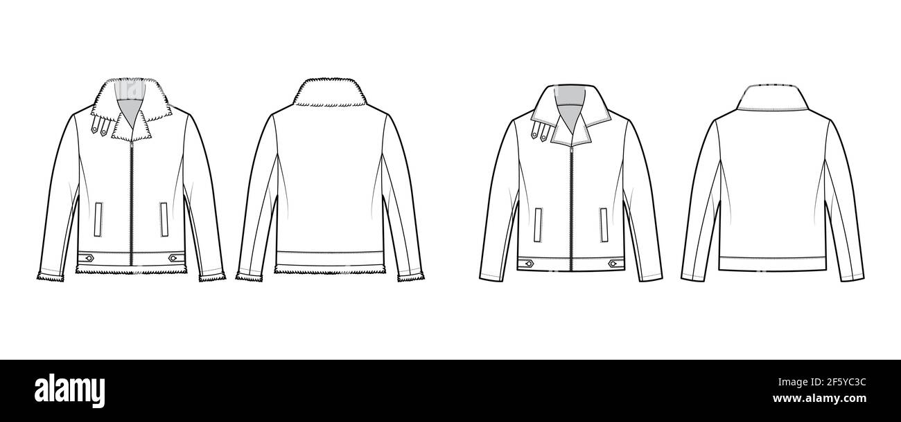 Set of Zip-up Bombers leather jacket technical fashion illustration with tabs, oversized, thick collar, long sleeves, welt pockets. Flat coat template front, back white color. Women men unisex top CAD Stock Vector