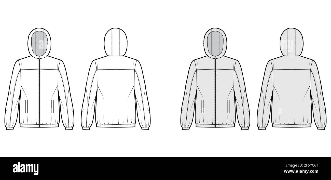 Windbreaker jacket technical fashion illustration with hood, oversized,  long sleeves, welt pockets, zip-up opening. Flat coat template front, back  white, grey color style. Women, men top CAD mockup Stock Vector Image &