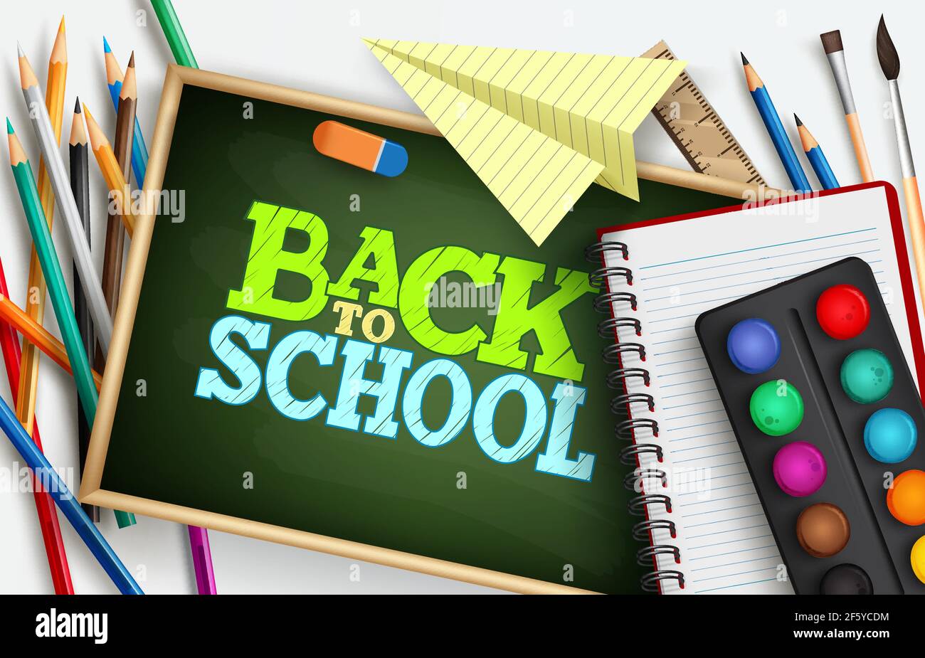 Back to school vector concept design. Back to school text in chalkboard background with elements like notebook, paint and paper fold for student. Stock Vector