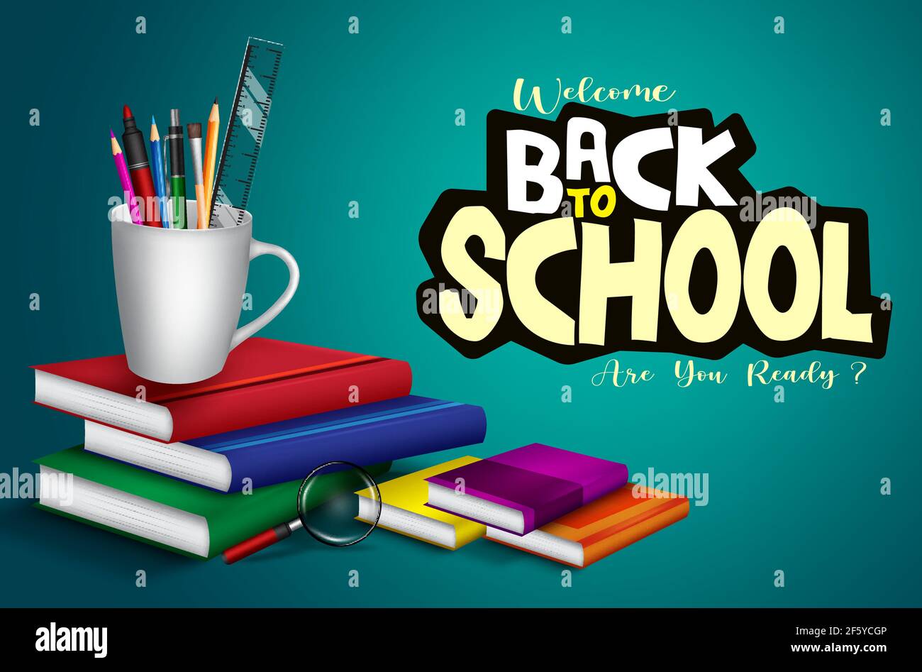 Back to school vector banner background. Welcome back to school text with  books, pens and mug holder educational supplies element for class study  item Stock Vector Image & Art - Alamy