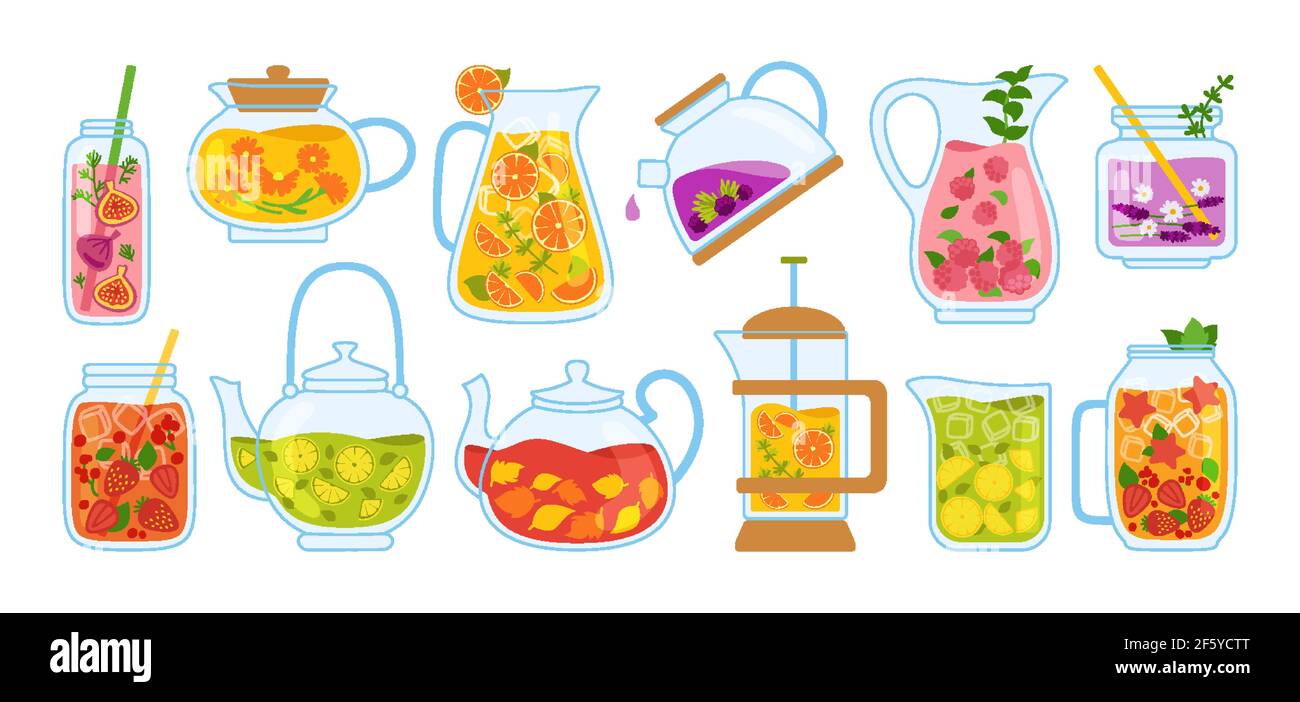 Cup Of Tea And Cocktails Cartoon Set Tea Time Mug Teapot And Herbs Fruits Ingredients For