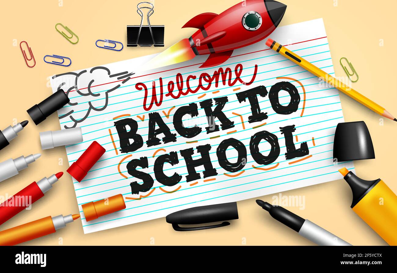 Back to school vector banner background. Welcome back to school text in  index card paper with education elements like color pencil and rocket Stock  Vector Image & Art - Alamy