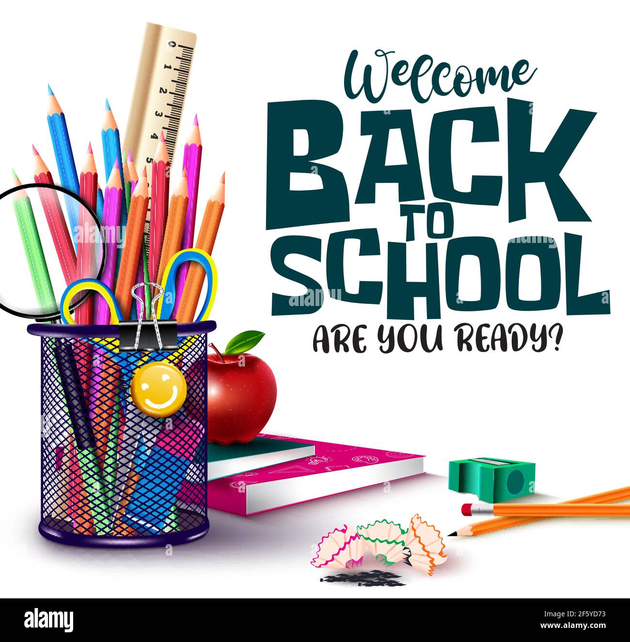 Back to school vector design. Welcome back to school text with student supplies like color pencil, scissor and magnifying glass elements for education. Stock Vector
