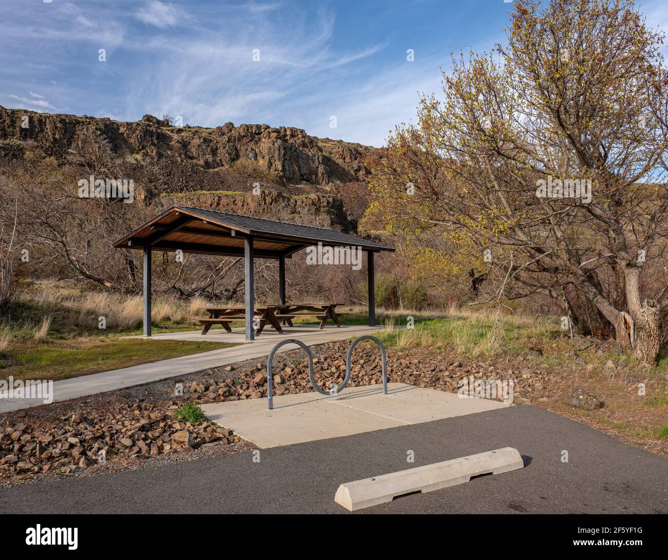 Washington state park picnic table shelter and bicycles parking Stock