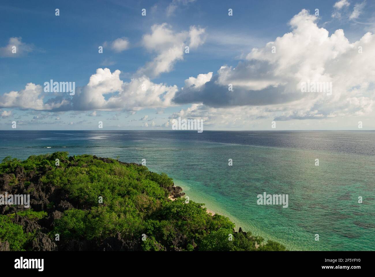 Top view shot of a mangrove forest with a lagoon somewhere in the middle of the sea.  The magnificent view is under blue cloudy sky in the middle of t Stock Photo