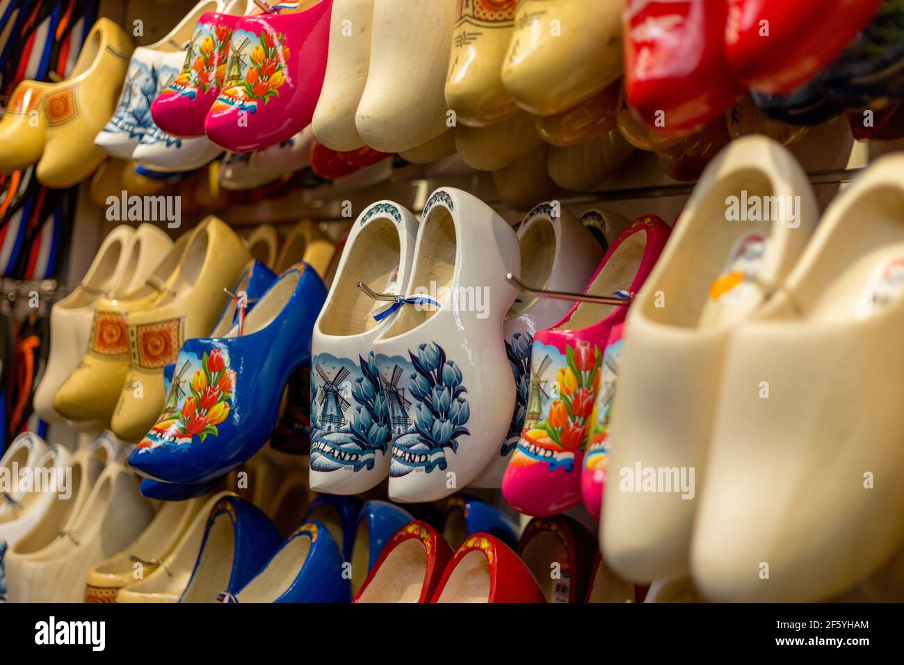 Amsterdam, Netherlands - July 02, 2018: Klomp - Dutch wooden shoes in the shop window Stock Photo