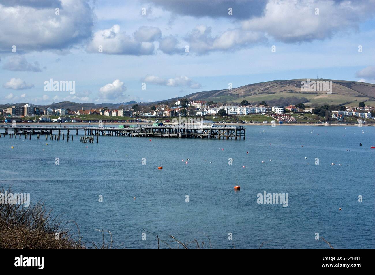 View of the seaside resort of Swanage, Dorset on  sunny spring day. Stock Photo