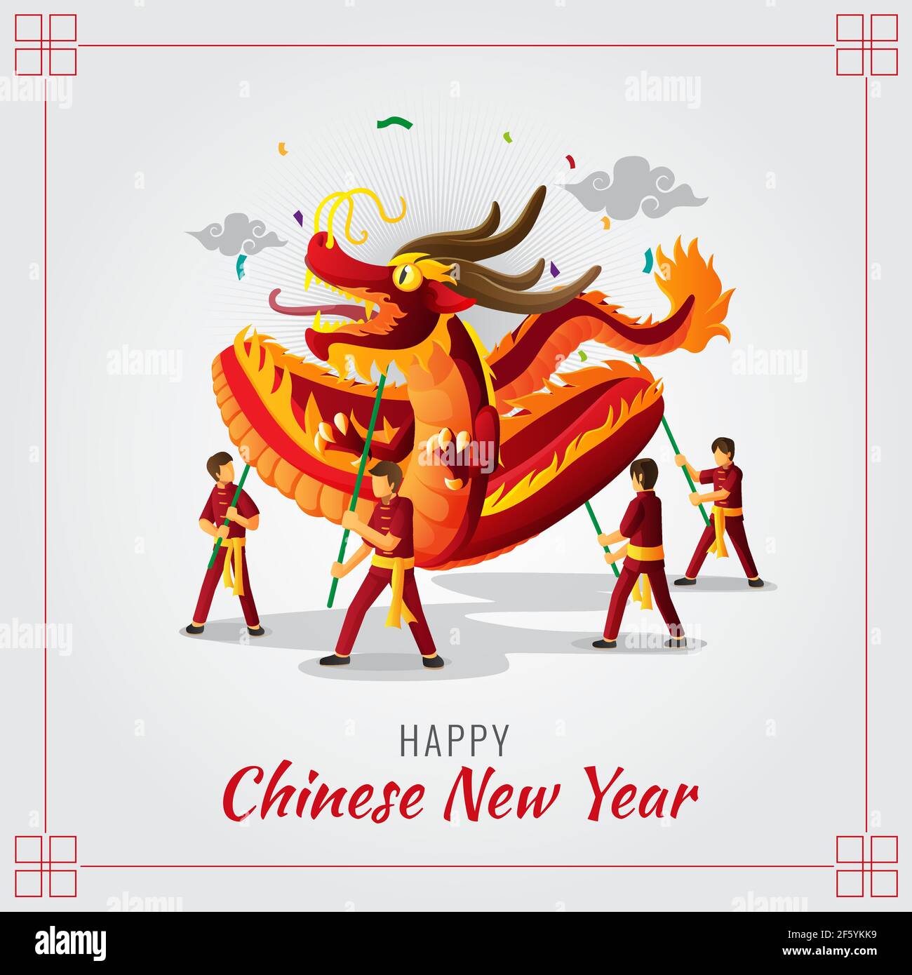 Chinese New Year Greeting card with dragon dance illustration Stock ...